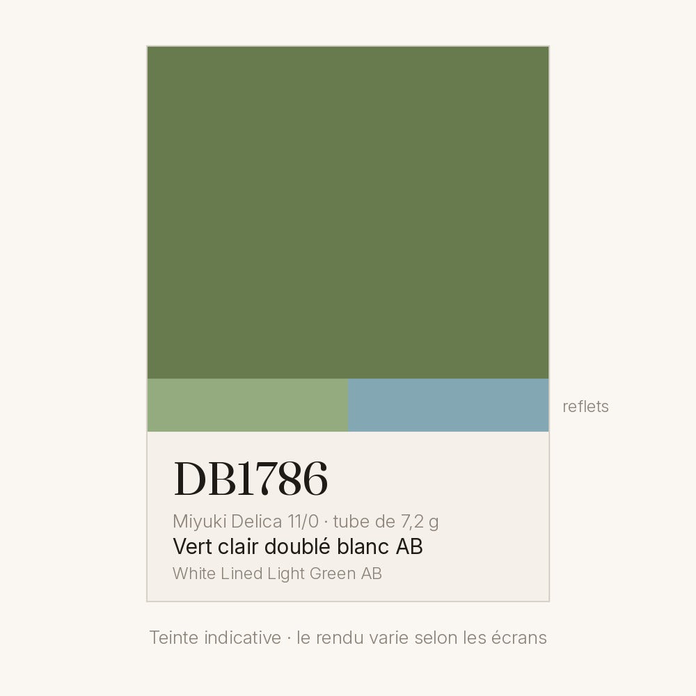Nuancier de la teinte vert clair doublé blanc AB Miyuki Delica DB1786