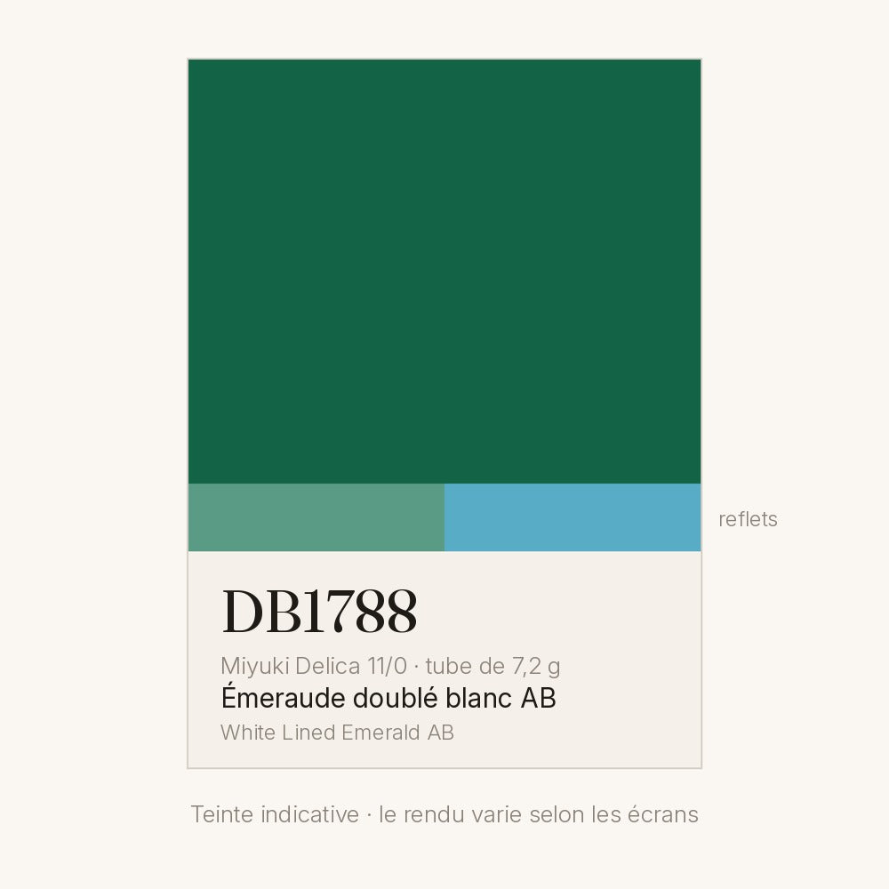 Nuancier de la teinte émeraude doublé blanc AB Miyuki Delica DB1788