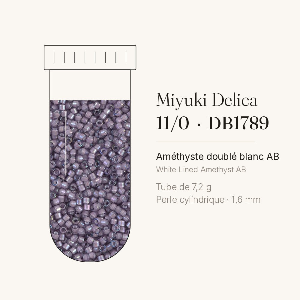 Tube de 7,2 g de perles Miyuki Delica 11/0 DB1789 améthyste doublé blanc AB