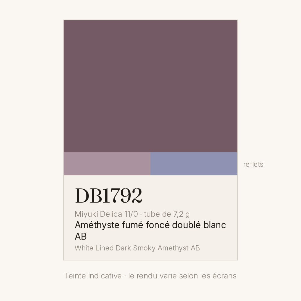 Nuancier de la teinte améthyste fumé foncé doublé blanc AB Miyuki Delica DB1792