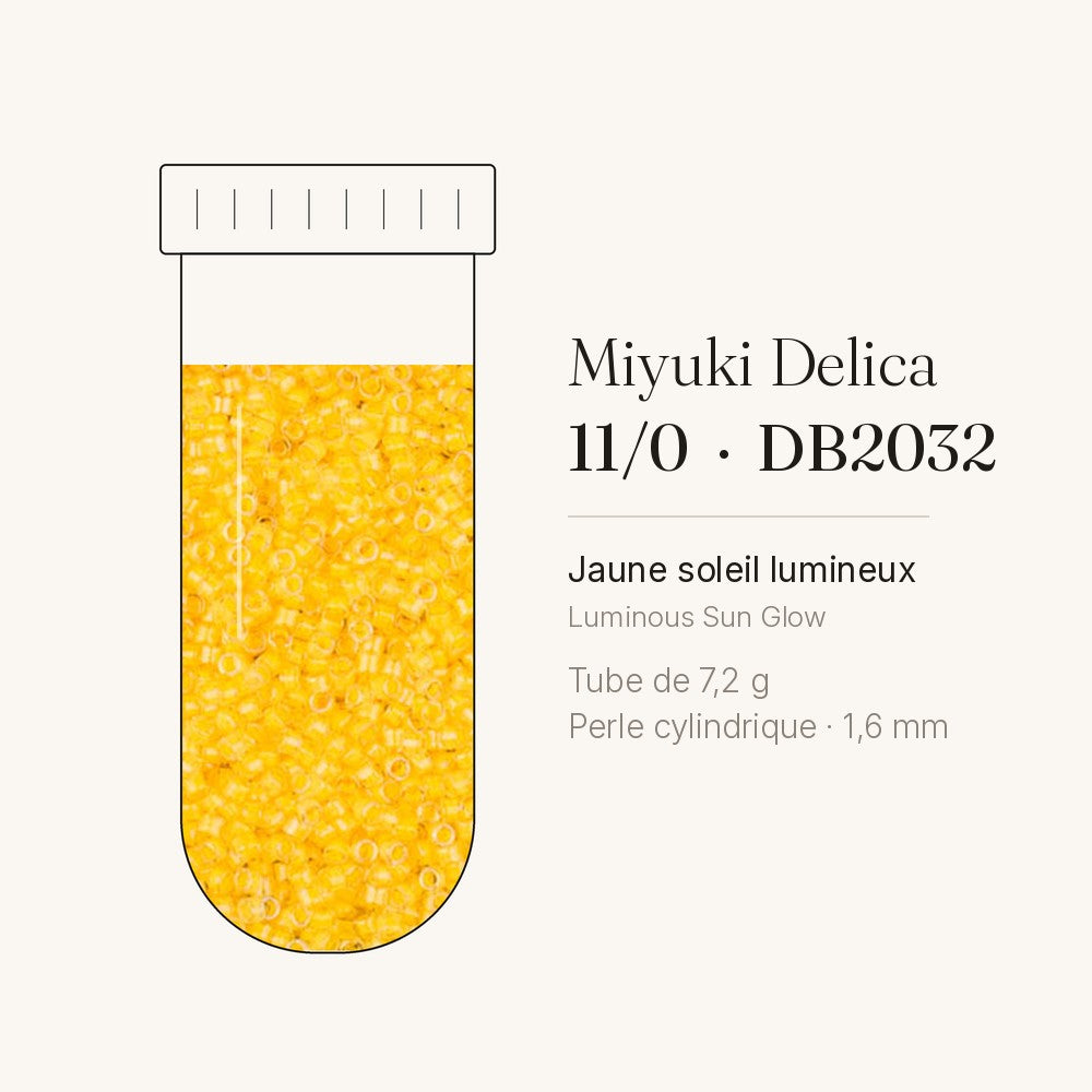 Tube de 7,2 g de perles Miyuki Delica 11/0 DB2032 jaune soleil lumineux
