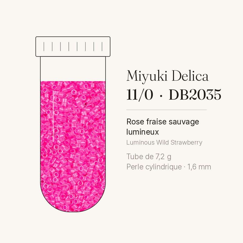 Tube de 7,2 g de perles Miyuki Delica 11/0 DB2035 rose fraise sauvage lumineux