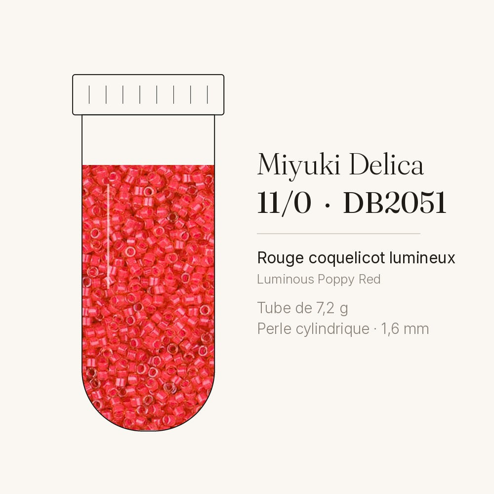 Tube de 7,2 g de perles Miyuki Delica 11/0 DB2051 rouge coquelicot lumineux