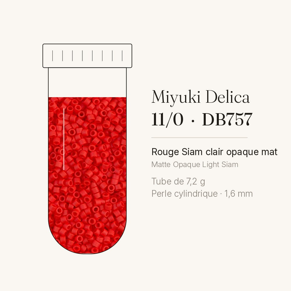 Tube de 7,2 g de perles Miyuki Delica 11/0 DB0757 rouge Siam clair opaque mat