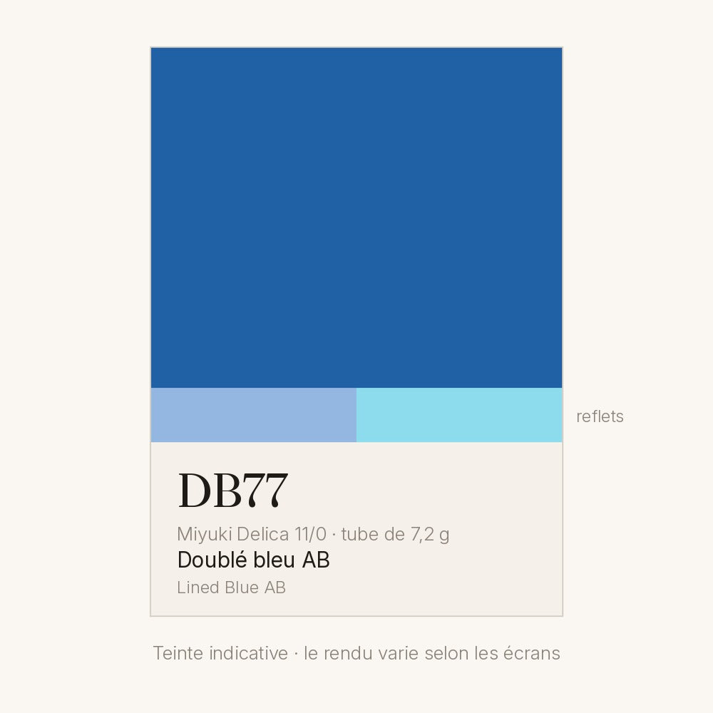 Nuancier de la teinte doublé bleu AB Miyuki Delica DB0077