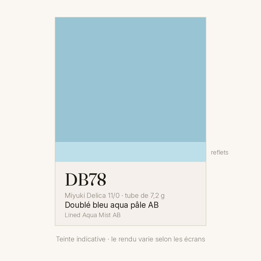 Nuancier de la teinte doublé bleu aqua pâle AB Miyuki Delica DB0078