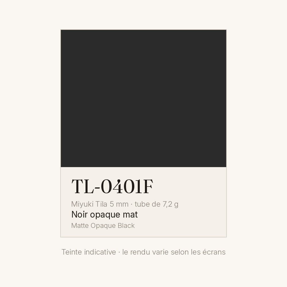 Nuancier de la teinte noir opaque mat Miyuki Tila 5 mm TL-0401F