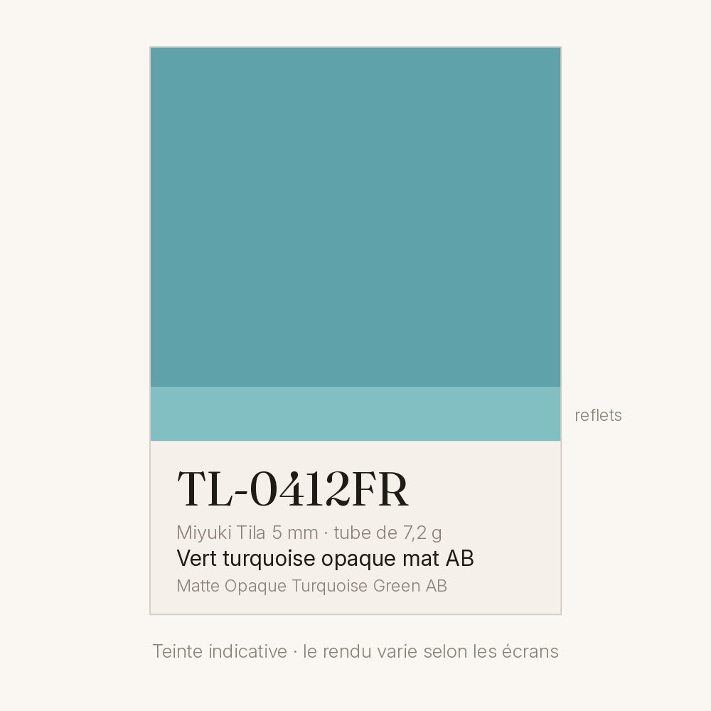 Nuancier de la teinte vert turquoise opaque mat AB Miyuki Tila 5 mm TL-0412FR