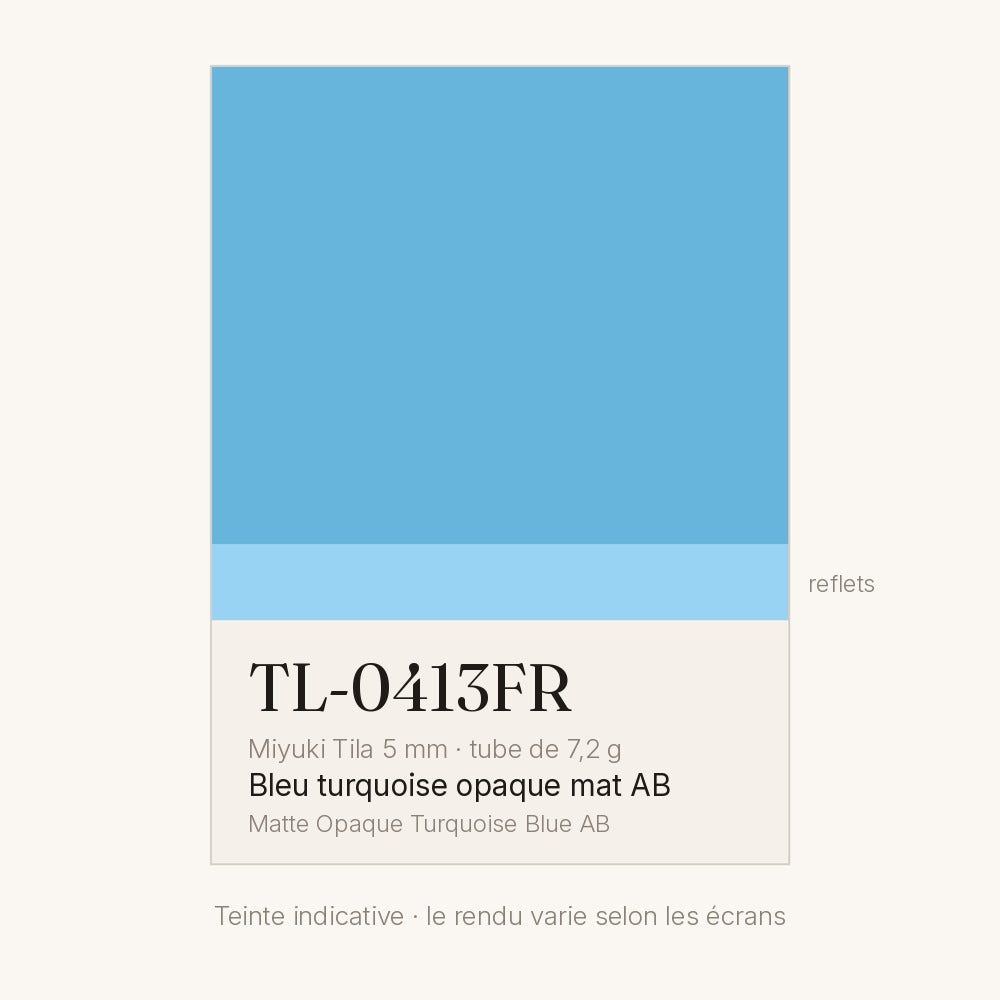 Nuancier de la teinte bleu turquoise opaque mat AB Miyuki Tila 5 mm TL-0413FR
