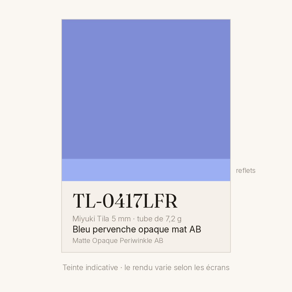 Nuancier de la teinte bleu pervenche opaque mat AB Miyuki Tila 5 mm TL-0417LFR