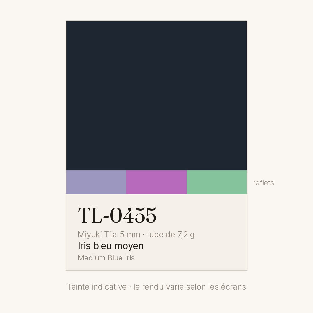 Nuancier de la teinte iris bleu moyen Miyuki Tila 5 mm TL-0455