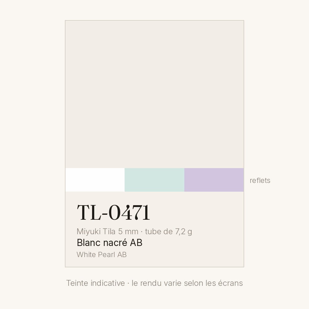 Nuancier de la teinte blanc nacré AB Miyuki Tila 5 mm TL-0471