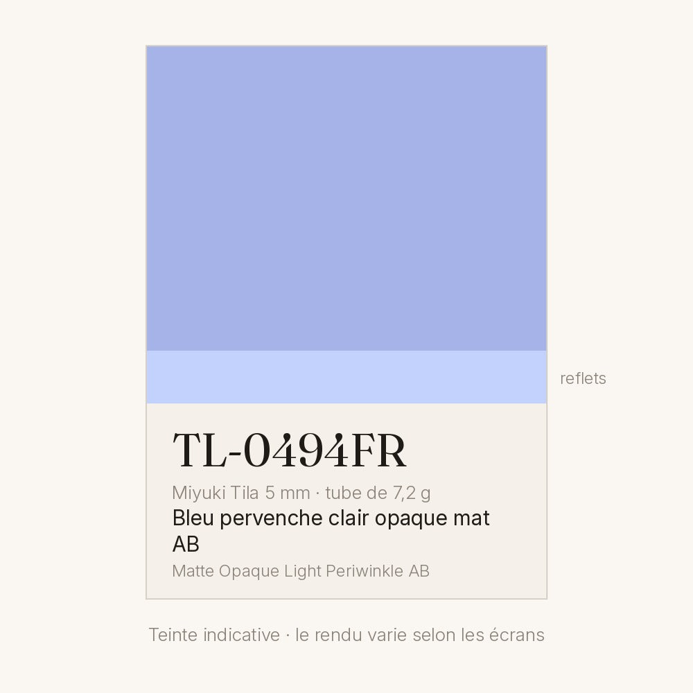 Nuancier de la teinte bleu pervenche clair opaque mat AB Miyuki Tila 5 mm TL-0494FR