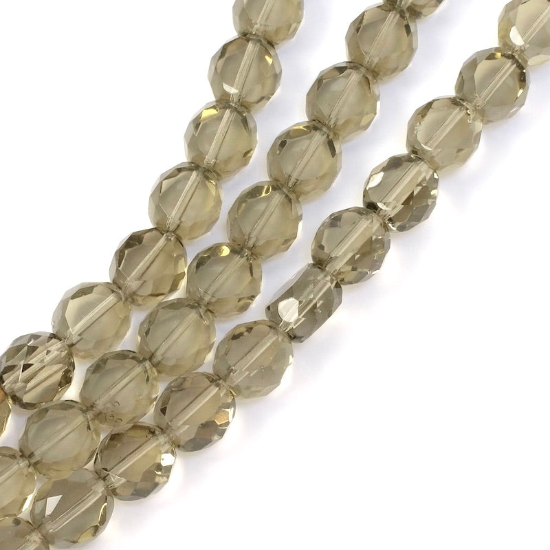 Fil de perles de Bohème rondes aplaties facettées 10mm taupe transparent