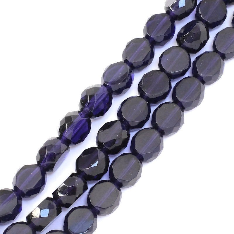 Fil de perles de Bohème rondes aplaties facettées 10mm violet foncé transparent