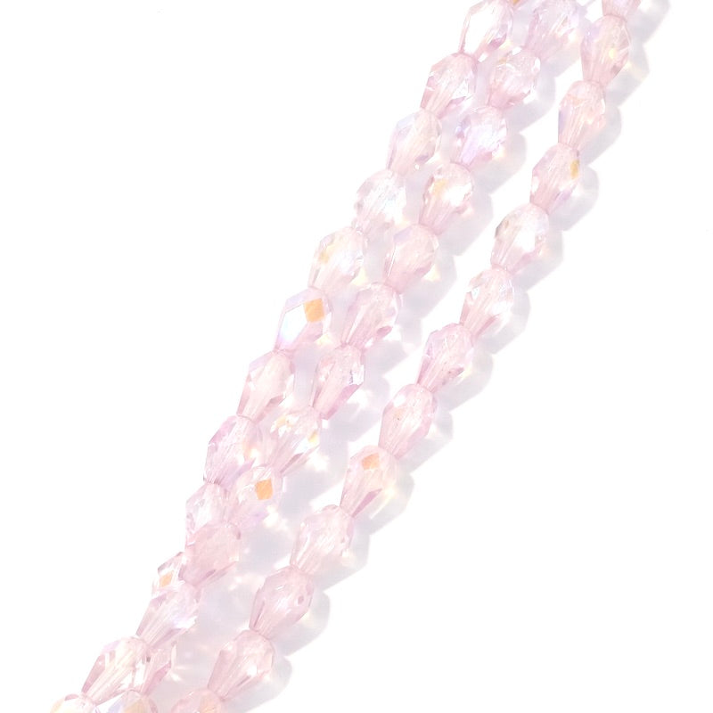 Fil de perles de Bohème gouttes 7x5mm rose transparent irisé AB