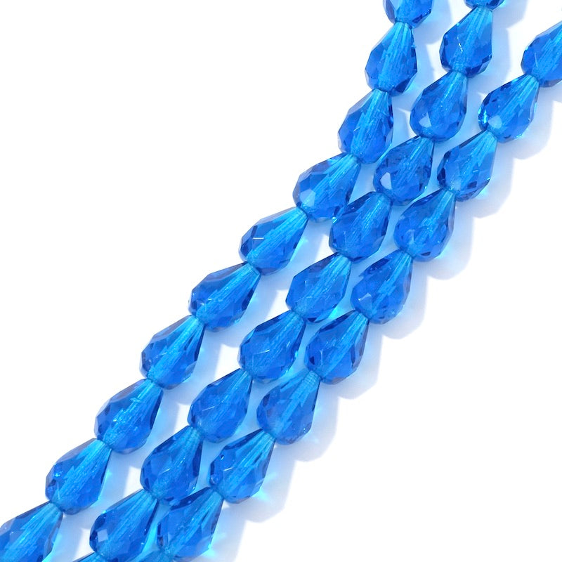 Fil de perles de Bohème gouttes 10x7mm bleu électrique transparent