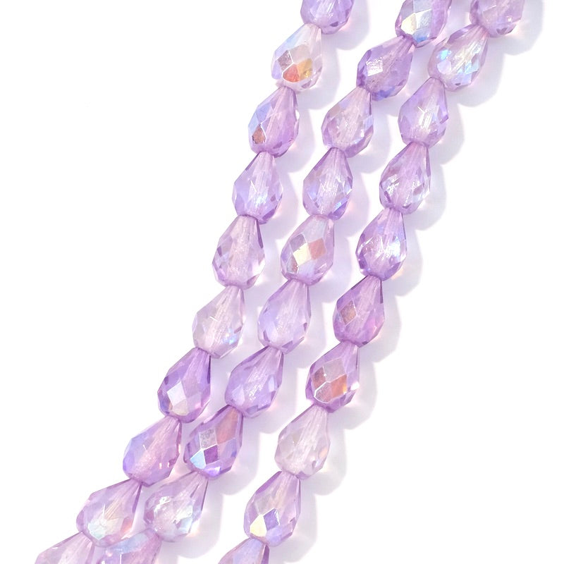 Fil de perles de Bohème gouttes 10x7mm Violet transparent irisé AB