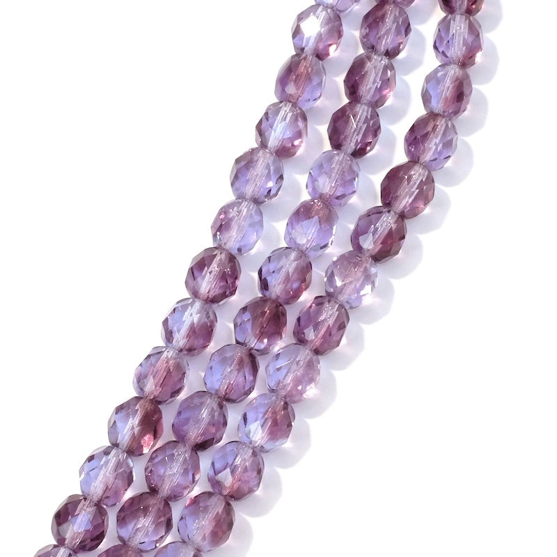 Fil de perles de Bohème rondes facettées nuances de violet transparent 8mm