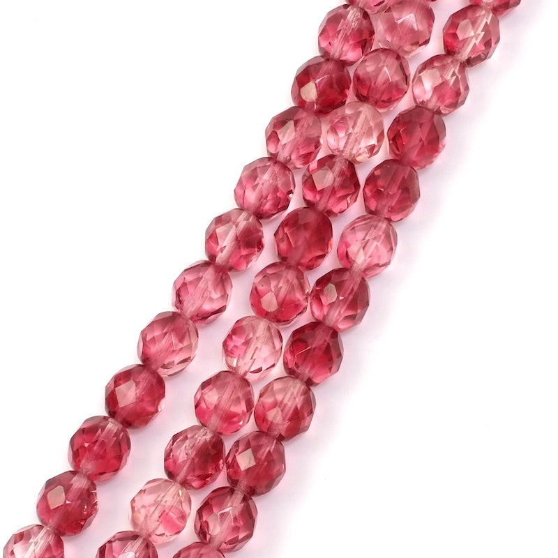 Fil de perles de Bohème rondes facettées nuance de framboise transparente 8mm