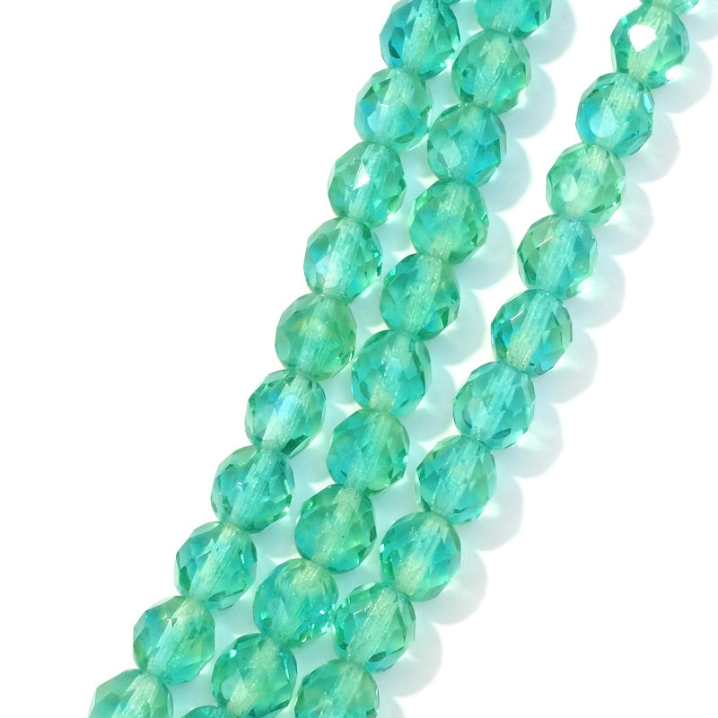 Fil de perles de Bohème rondes facettées vert turquoise transparent 8mm 