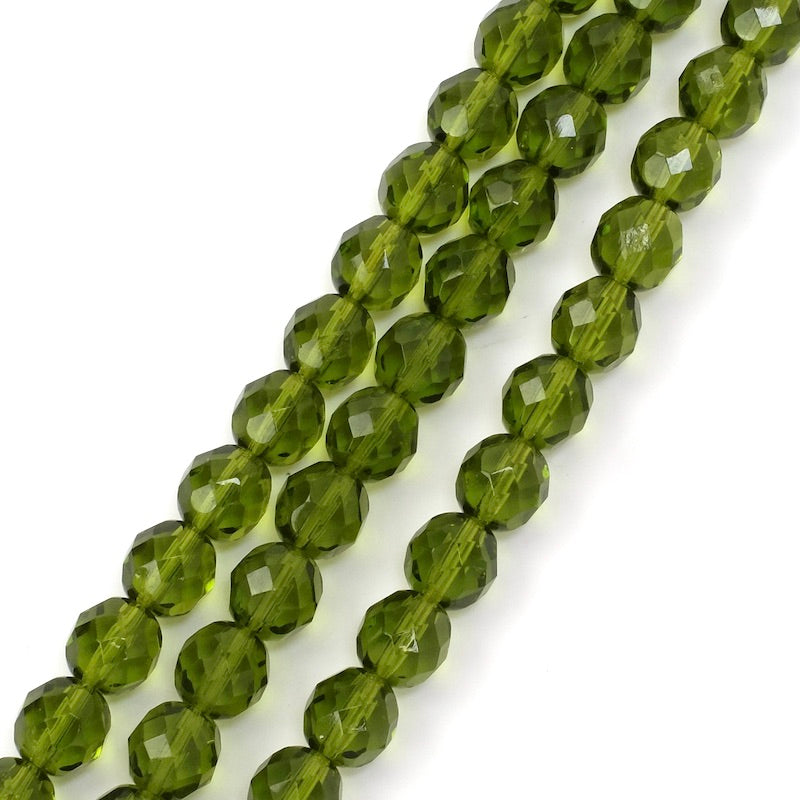 Fil de perles de Bohème rondes facettées vert foncé transparent 8mm