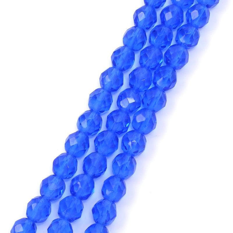 Fil de perles de Bohème rondes facettées bleu électrique transparent 8mm
