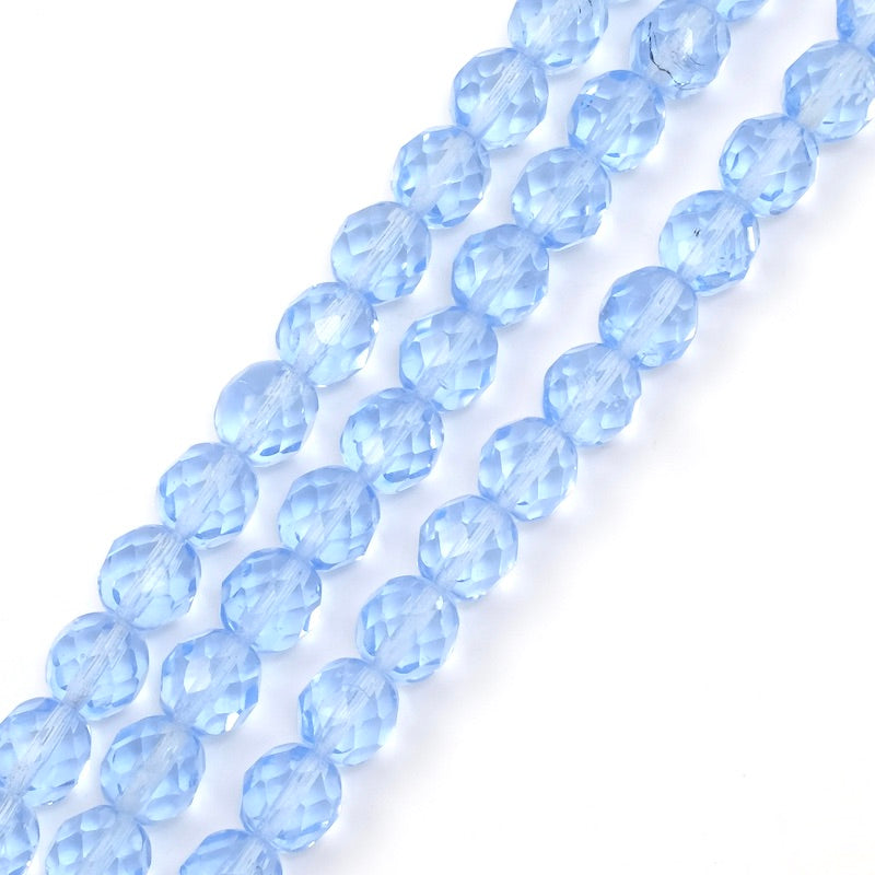 Fil de perles de Bohème rondes facettées bleu pastel transparent 8mm