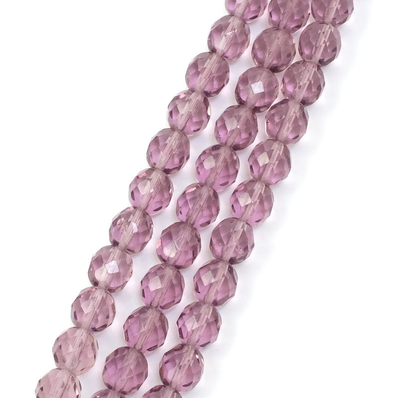 Fil de perles de Bohème rondes facettées lie de vin transparent 8mm