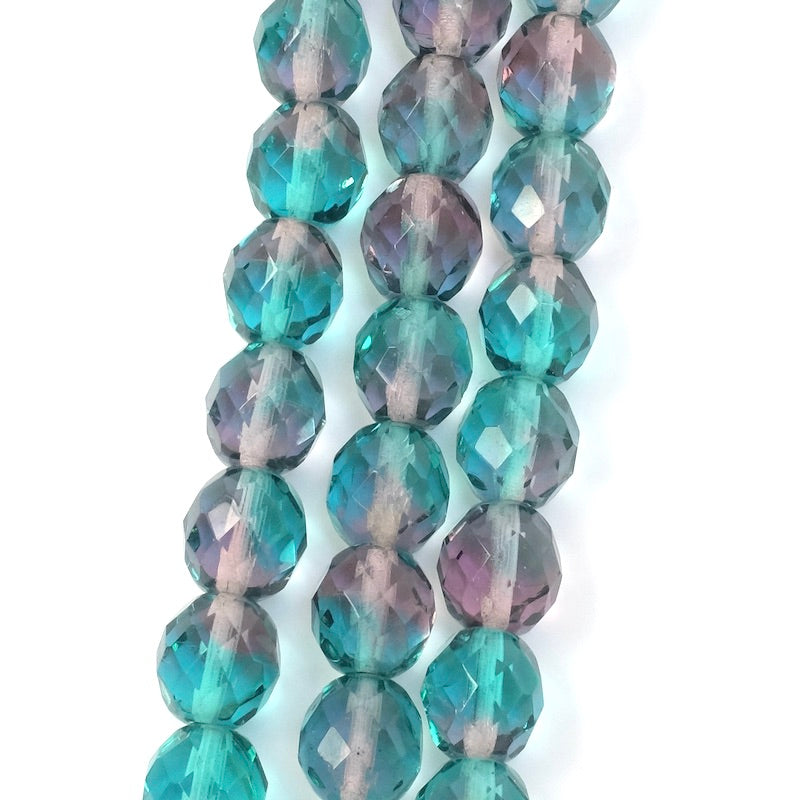 Fil de perles de Bohème rondes facettées nuance vert turquoise et violet transparent 10mm 