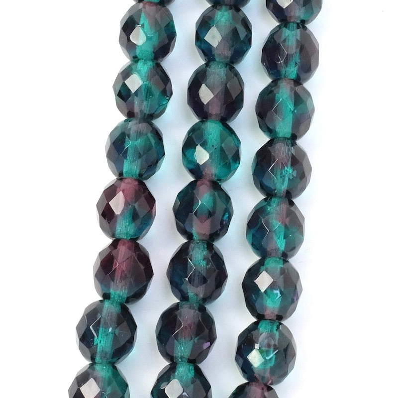 Fil de perles de Bohème rondes facettées nuance de vert et violet transparent 10mm