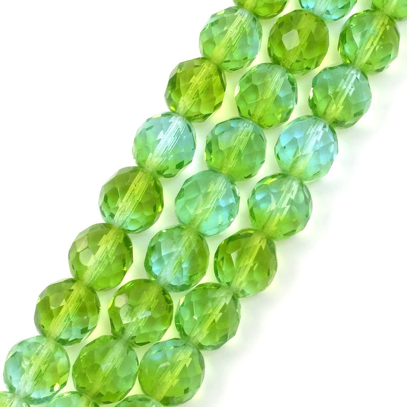 Fil de perles de Bohème rondes facettées nuances de vert et bleu clair transparent 10mm