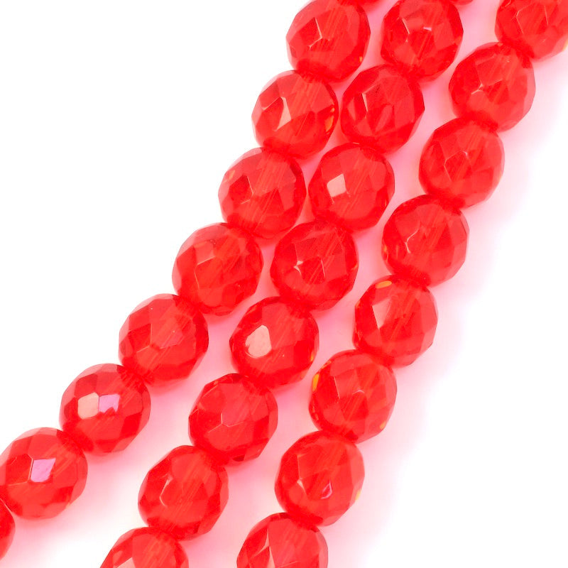 Fil de perles de Bohème rondes facettées rouge transparent 10mm