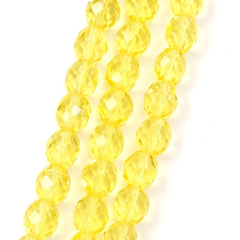 Fil de perles de Bohème rondes facettées jaune transparent 10mm