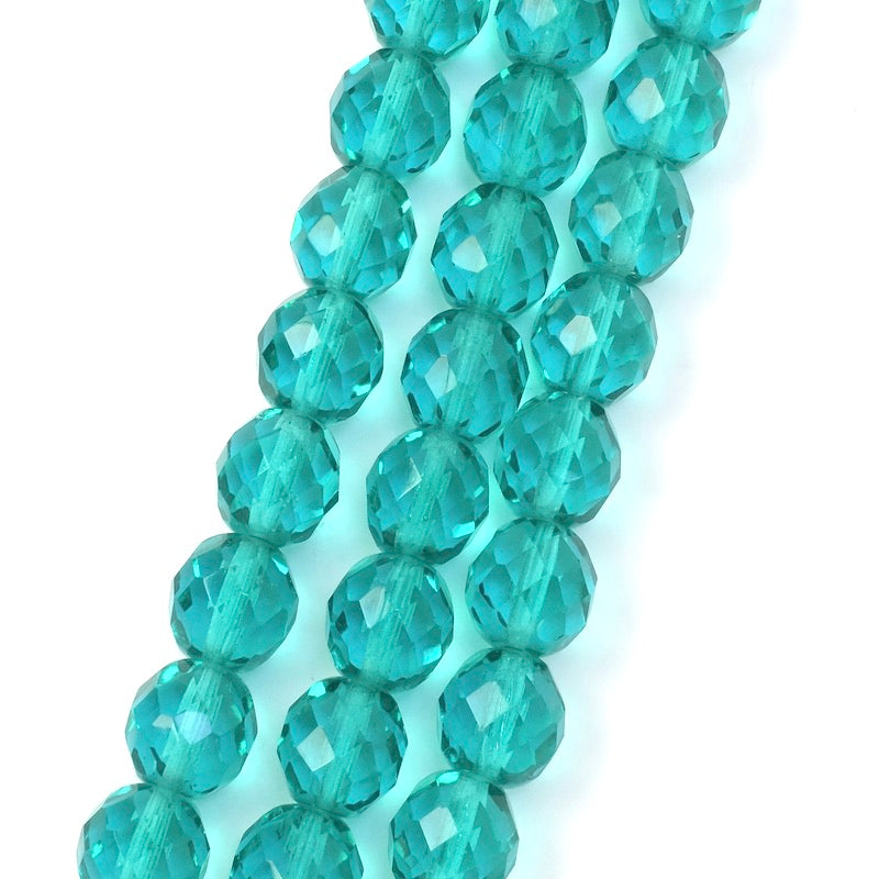 Fil de perles de Bohème rondes facettées vert émeraude transparent 10mm 