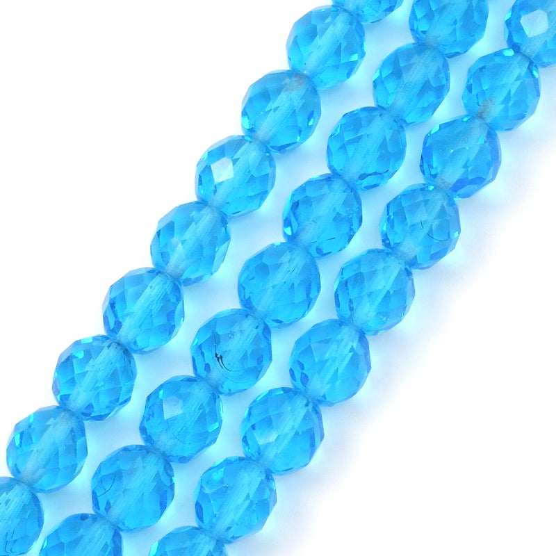 Fil de perles de Bohème rondes facettées bleu transparent 10mm