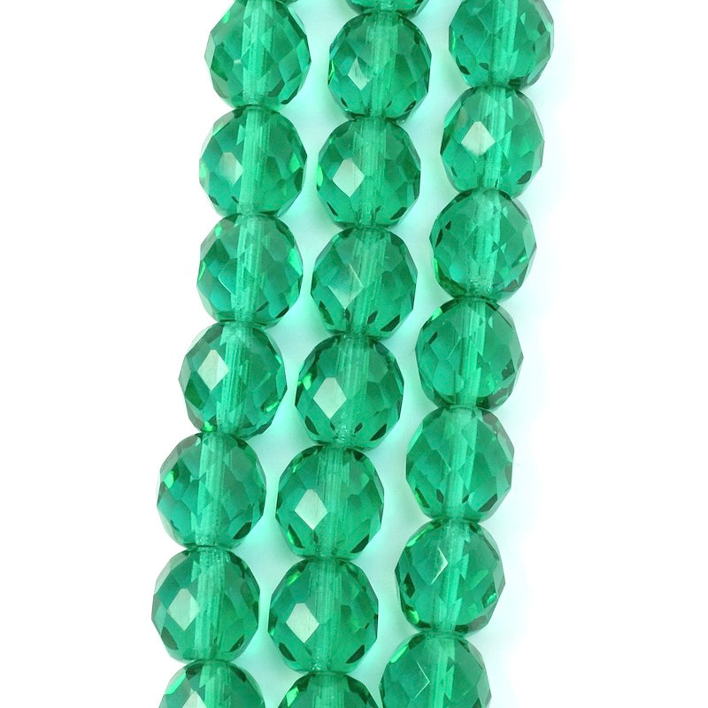 Fil de perles de Bohème rondes facettées vert turquoise transparent 10mm