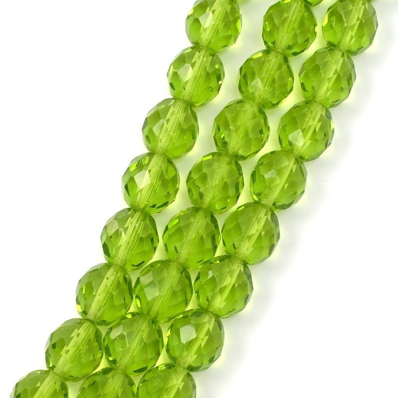 Fil de perles de Bohème rondes facettées vert olive transparent 10mm