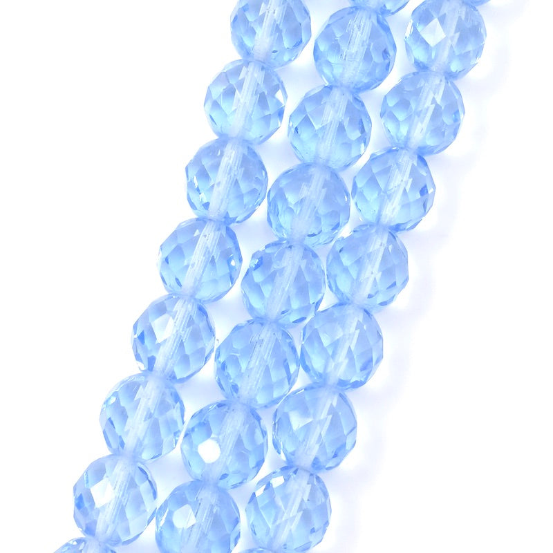 Fil de perles de Bohème rondes facettées bleu pastel transparent 10mm