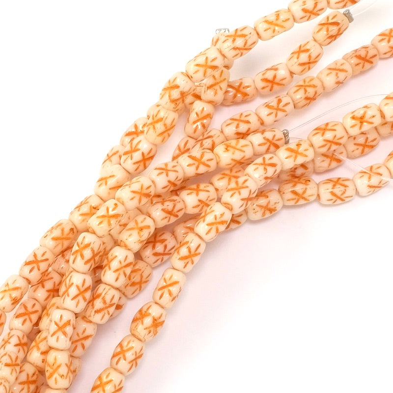 Fil de perles de Bohème Rectangle 6,2x3,7mm à motif blanc et orange