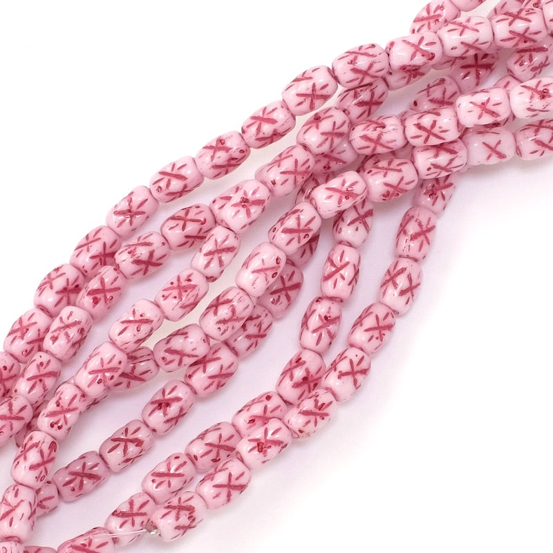 Fil de perles de Bohème Rectangle 6,2x3,7mm à motif blanc et rose