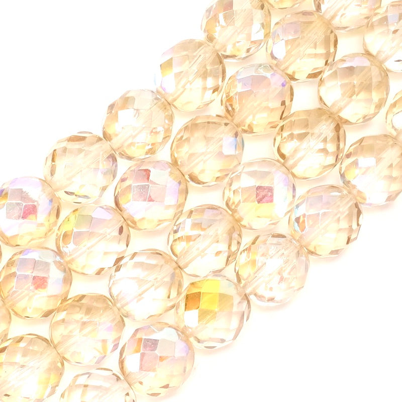 Fil de perles de Bohème rondes facettées jaune transparent irisé AB 12mm