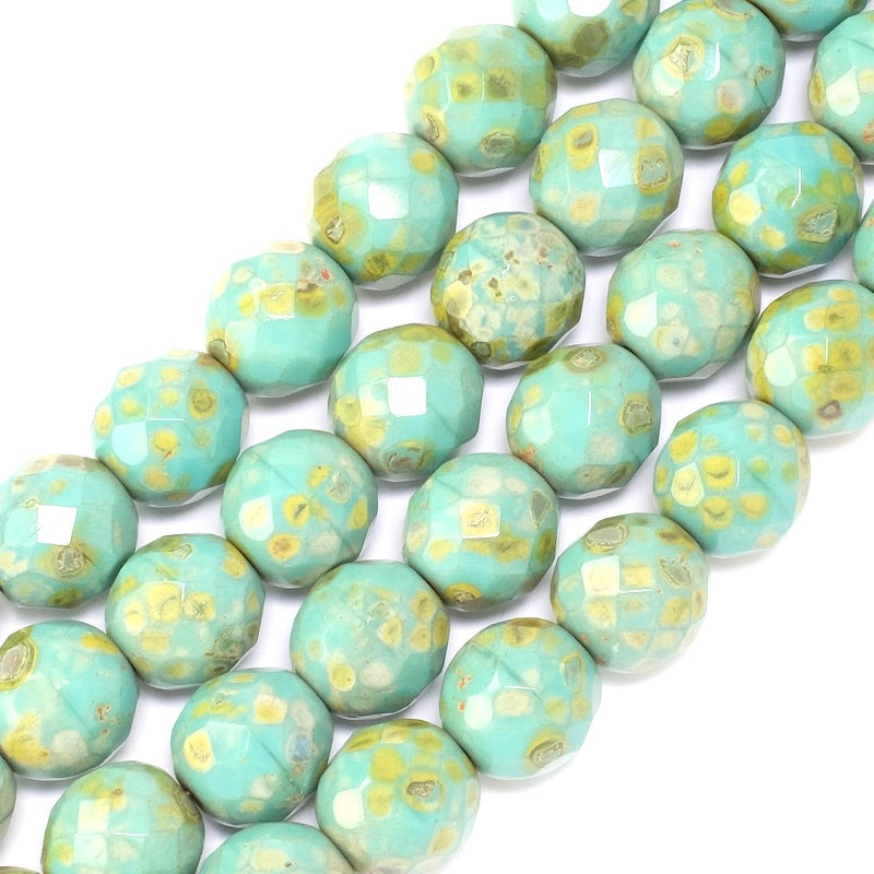 Fil de perles de Bohème rondes facettées 12mm nuances de vert turquoise et orange