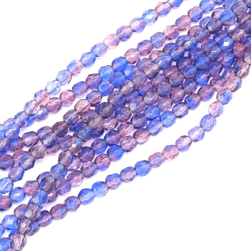 Fil de perles de Bohème rondes facettées 4 mm nuances de bleu et violet