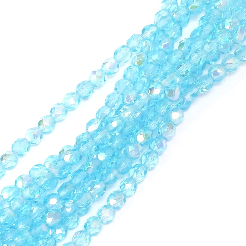 Fil de perles de Bohème rondes facettées 4 mm bleu transparent irisé AB