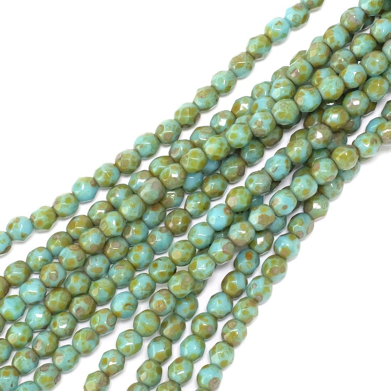 Fil de perles de Bohème rondes facettées 4 mm nuances de vert turquoise et orange