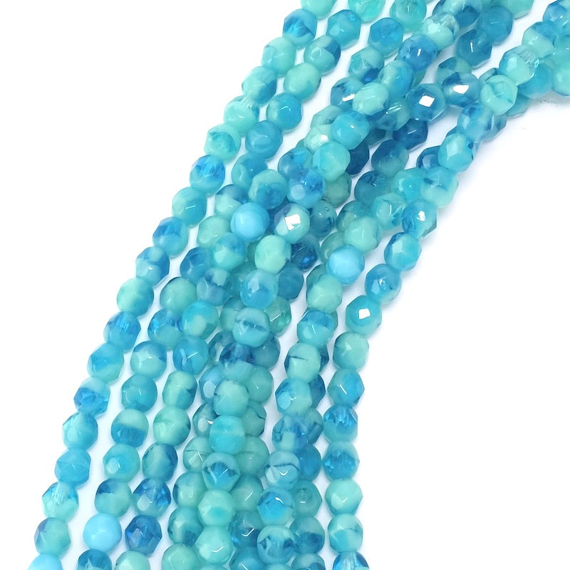 Fil de perles de Bohème rondes facettées 4 mm nuances de vert turquoise et bleu