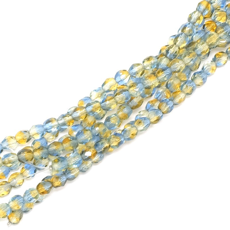 Fil de perles de Bohème rondes facettées nuances de bleu et jaune 4mm