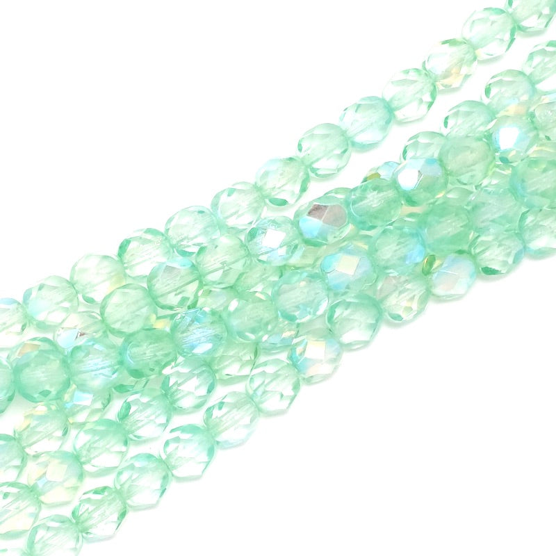 Fil de perles de Bohème rondes facettées 6mm vert turquoise irisé AB
