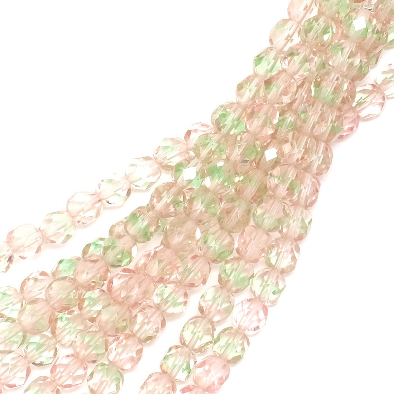 Fil de perles de Bohème rondes facettées 6mm nuances de rose et vert transparent